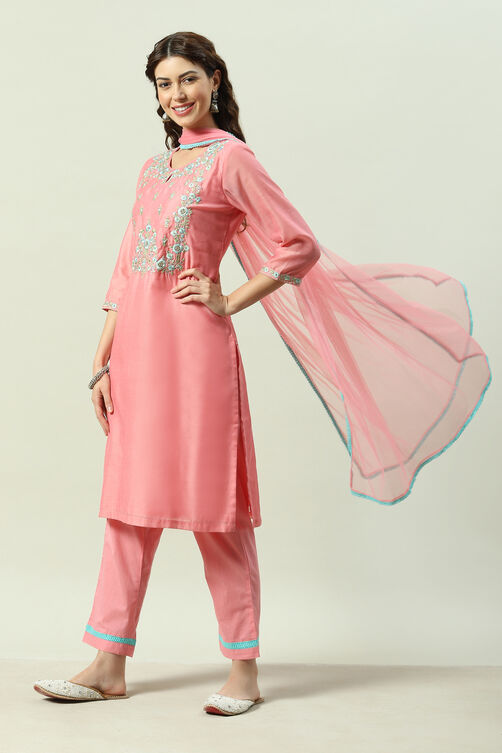 Turquoise Yarndyed A-Line Kurta Regular Pants Suit Set image number 5