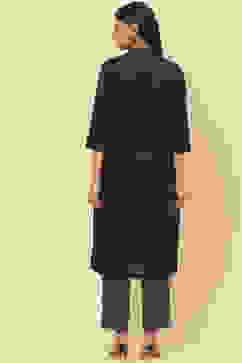 Navy Cotton Straight Fusion Yarndyed Kurta Set image number 4