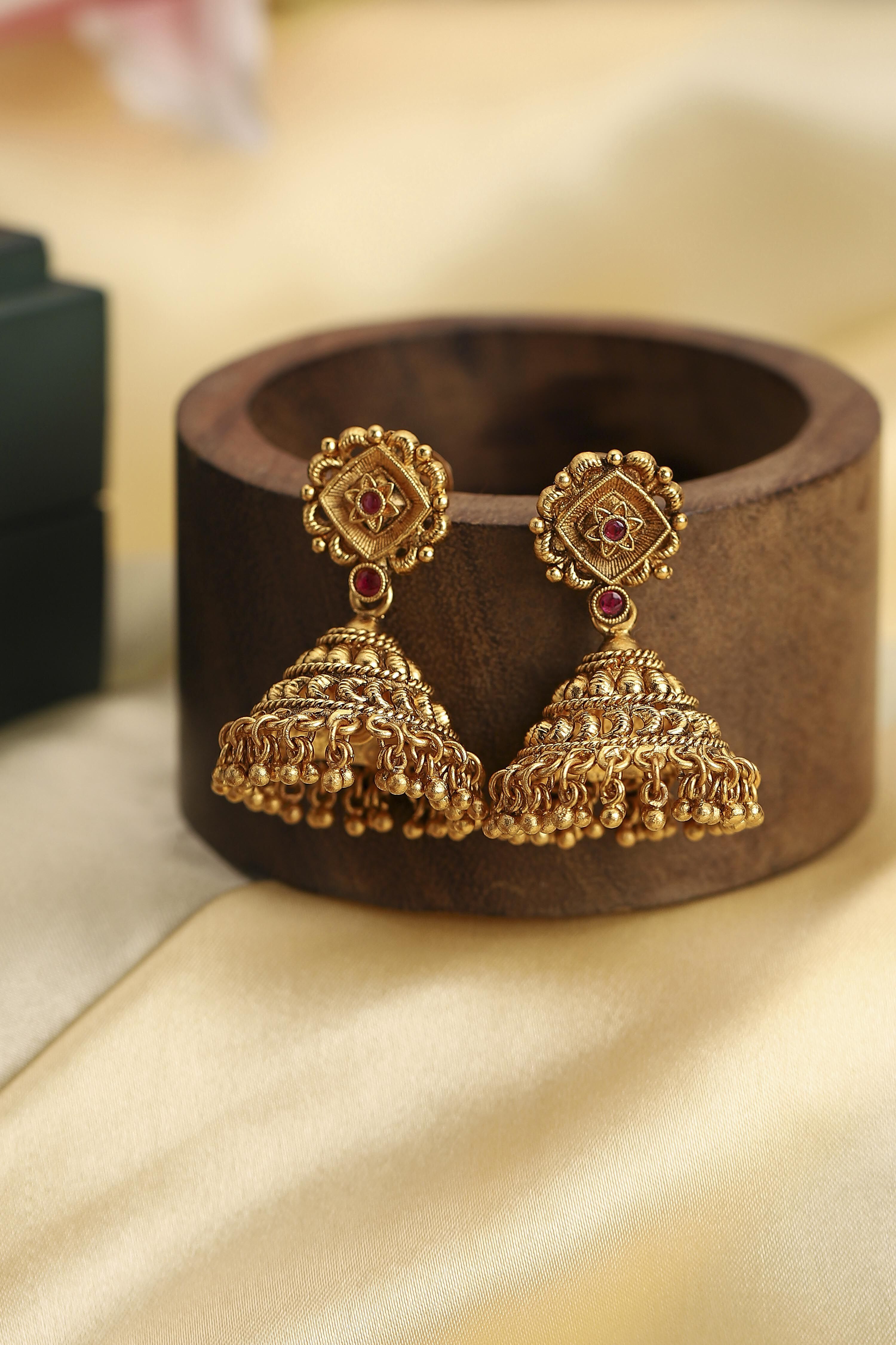 Red Gold Plated Minimal Stone Studded Jhumkas image number 0