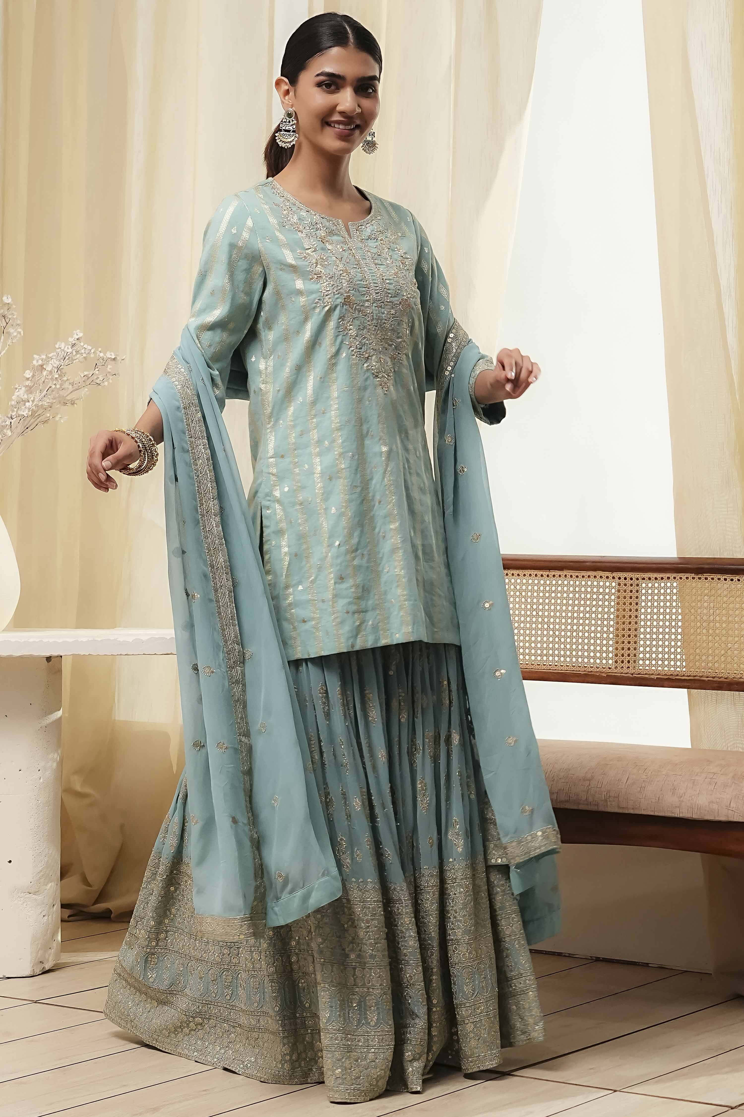 Powder Blue Embroidered Straight Suit Set image number 5