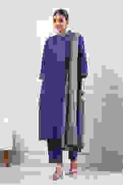 Indigo Cotton Solid Straight Suit Set image number 6