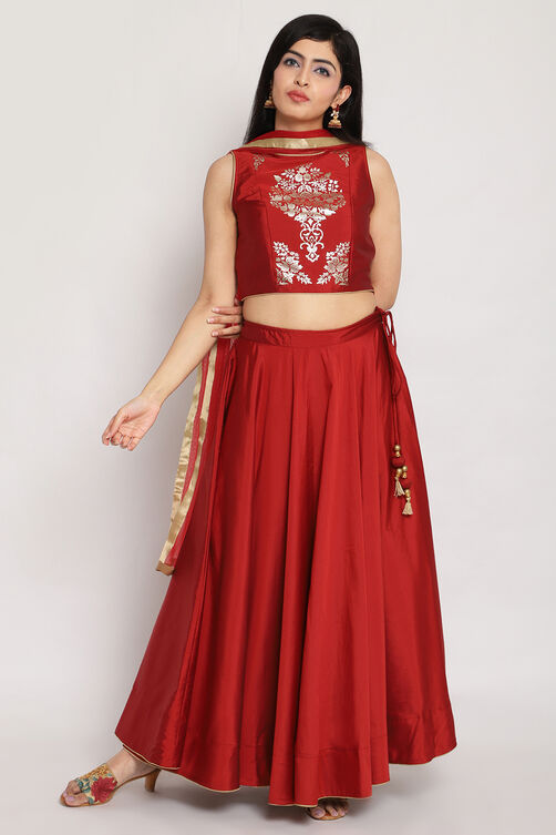 Rust Art Silk Metallic Lehenga Set image number 4