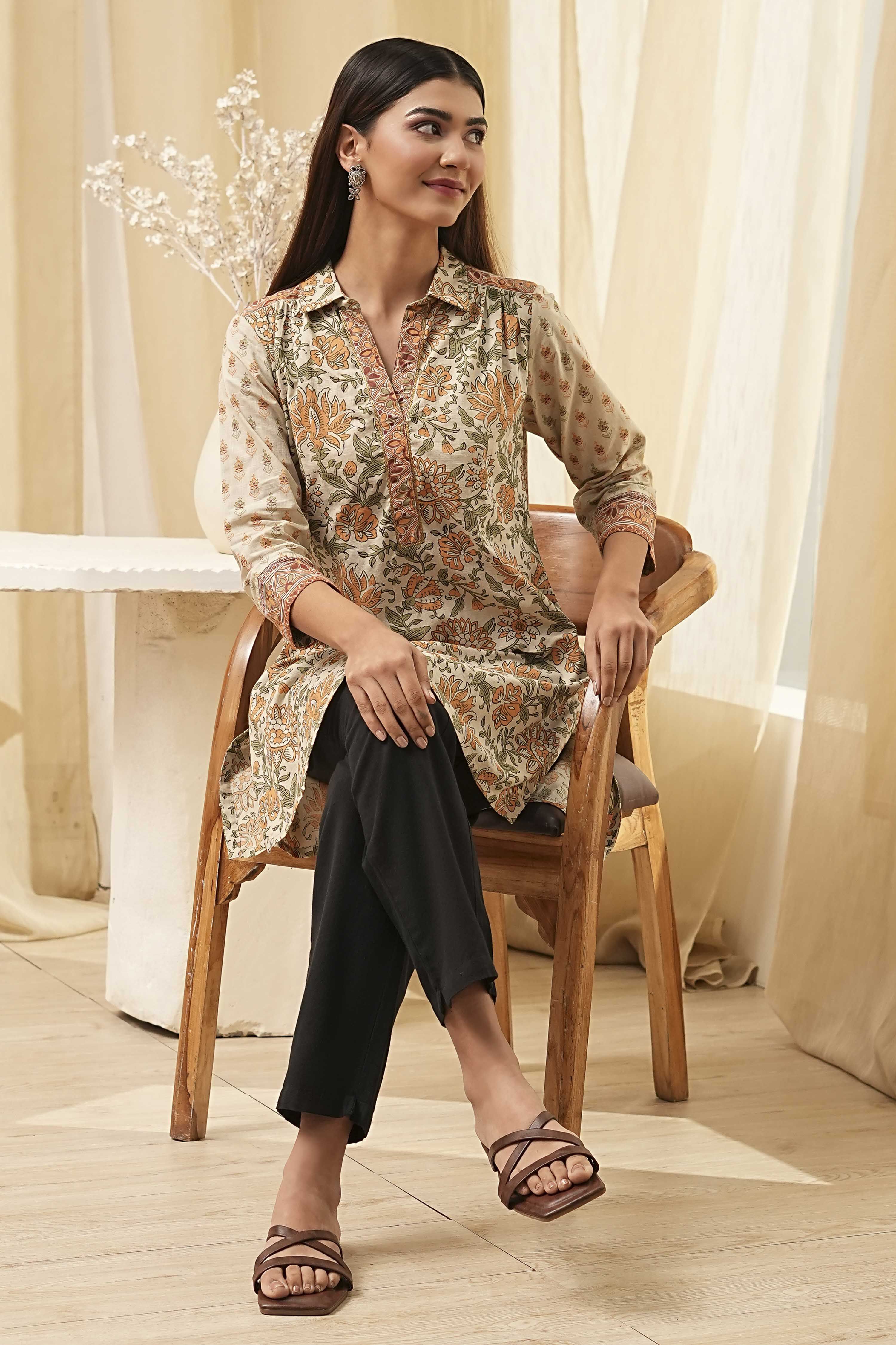 Honey Beige Cotton Floral Short Straight Kurta image number 0