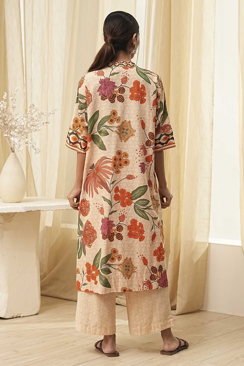Beige Cotton Blend Straight Kurta Set image number 4