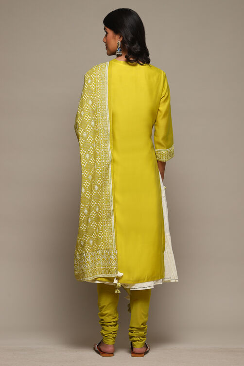 Lime Green Cotton Blend Layered Kurta Churidar Suit Set image number 5