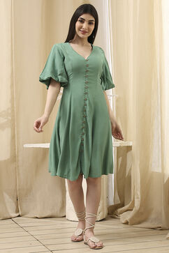 Green Solid A-Line Dress image number 5