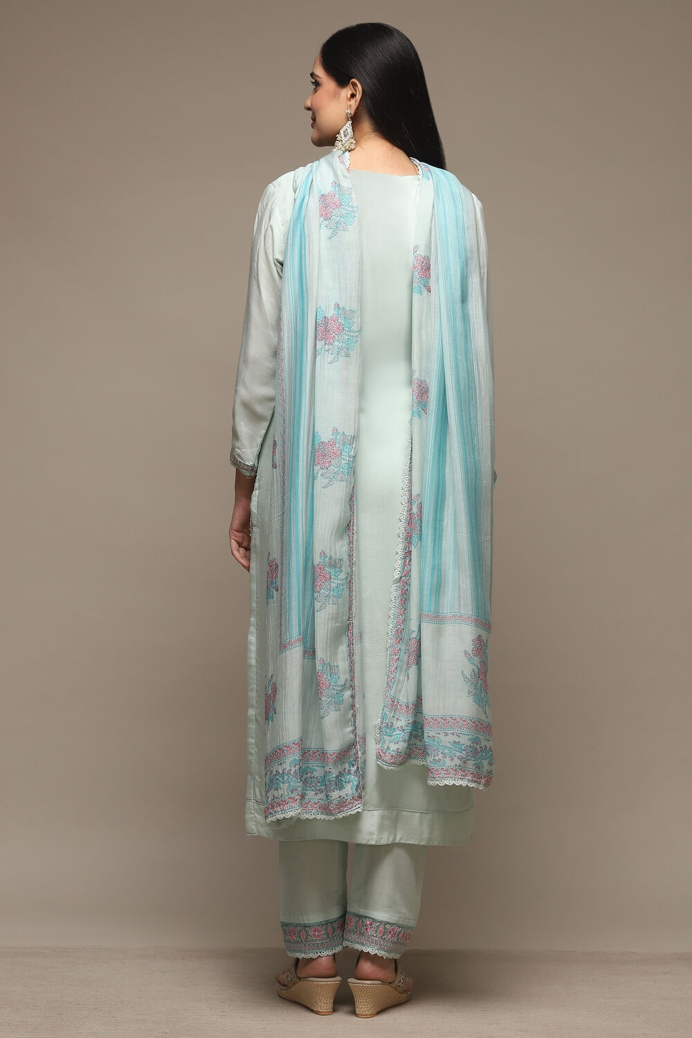 Light Green Muslin Lace Unstitched Suit Set image number 7