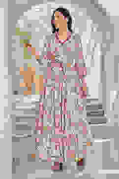 Off-White & Pink Floral Printed Flared Lehenga Set image number 2