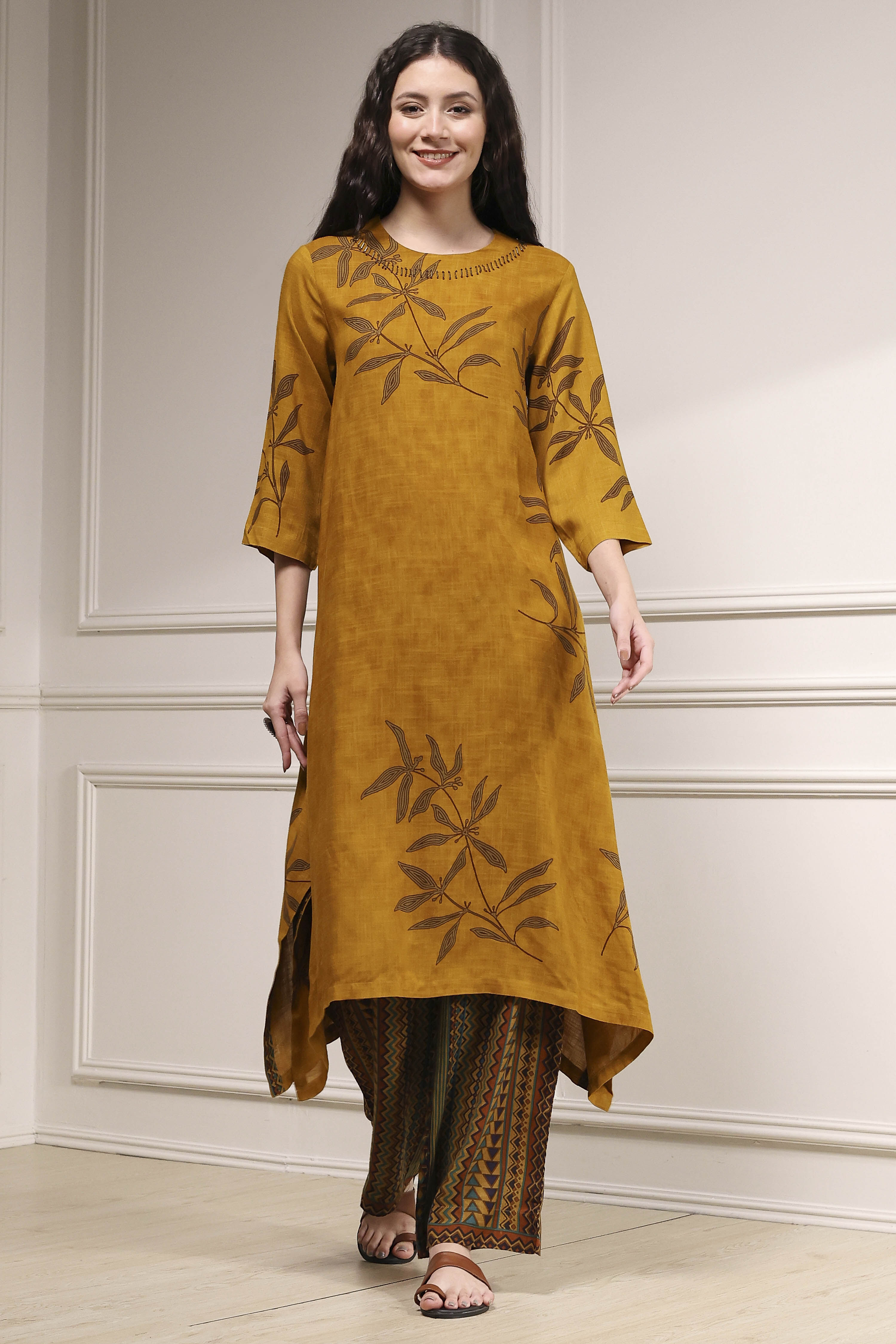 Mustard Yellow Viscose Rayon Straight Printed Kurta Pants Set image number 6