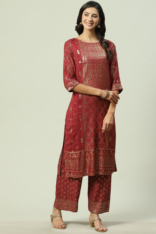 Rust Rayon Straight Printed Kurta image number 2