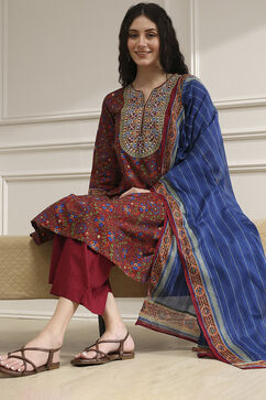 Rust and Blue Cotton Printed A-Line Suit Set image number 0
