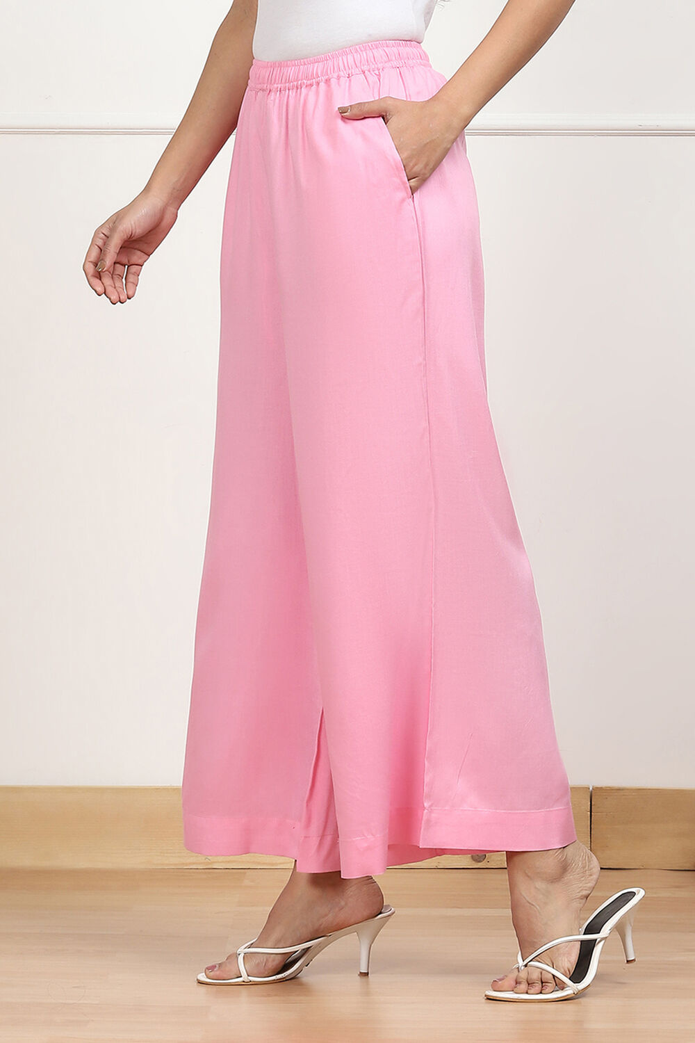 Navy Blue Viscose Solid Straight Palazzos image number 2