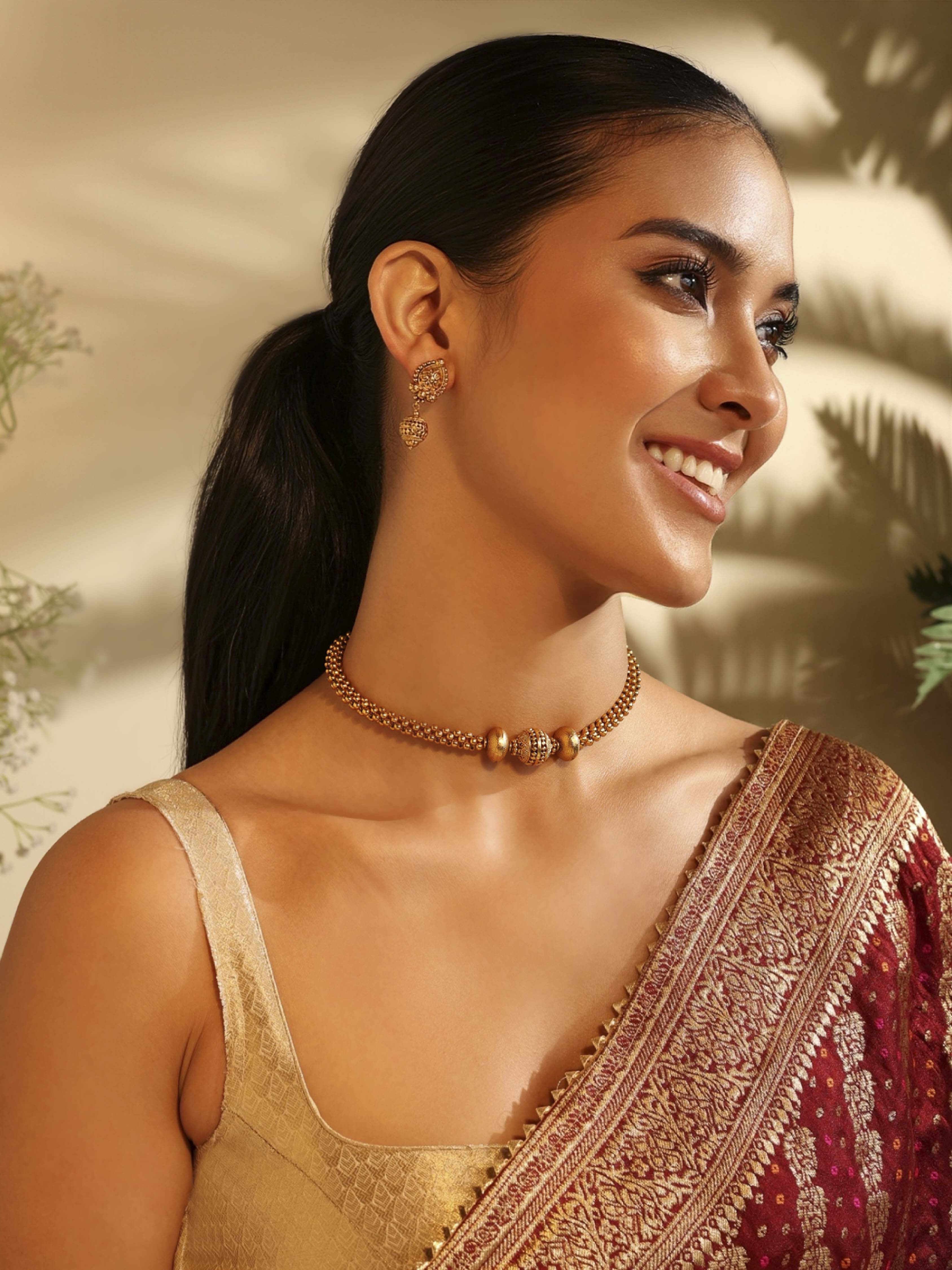 Gold Plated Brass Beaded Choker Necklace Set image number 3