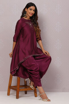 Deep Purple Flared Cotton Silk Fusion Wear 2 Piece Set image number 0