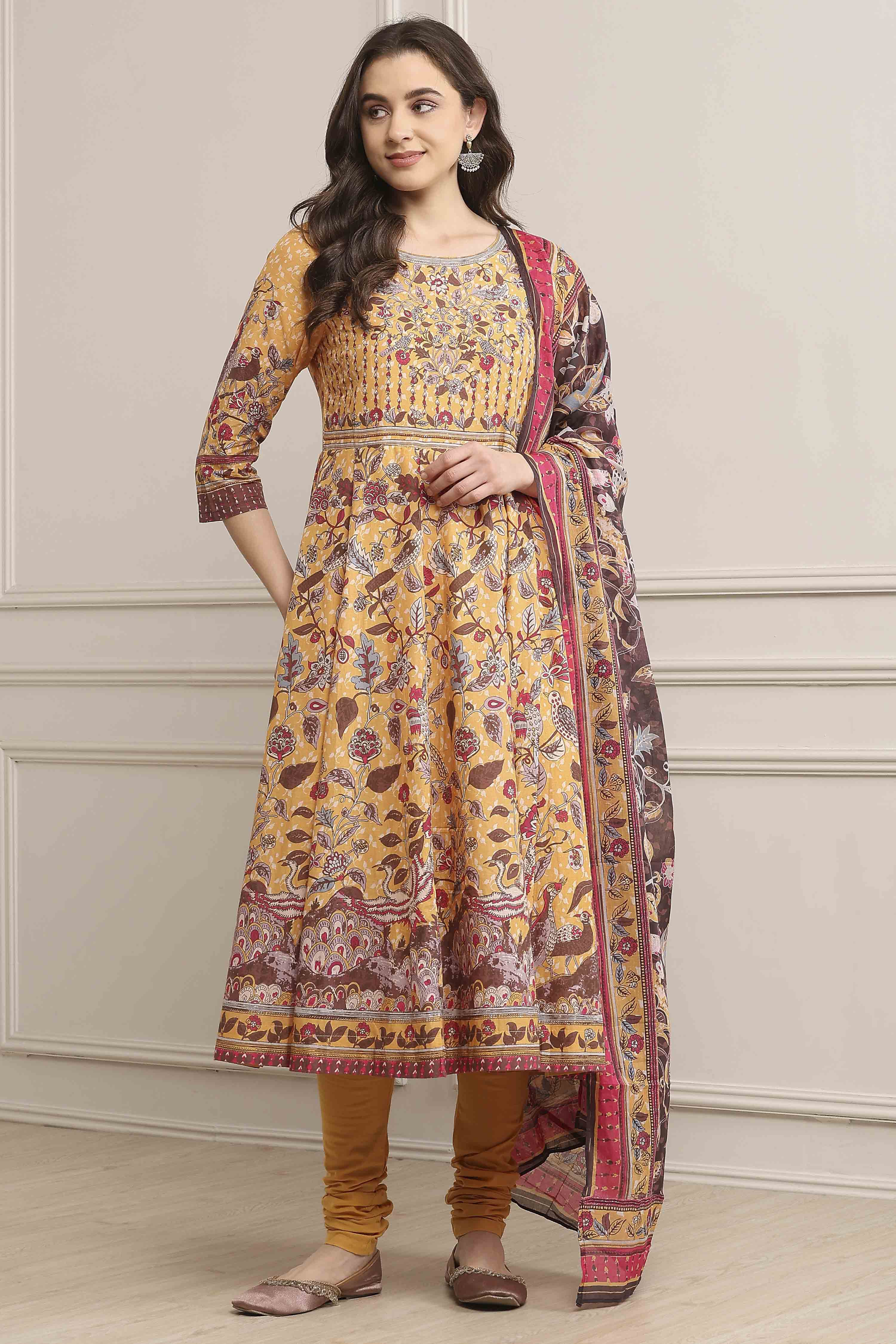 Beige Cotton Printed Anarkali Suit Set image number 6