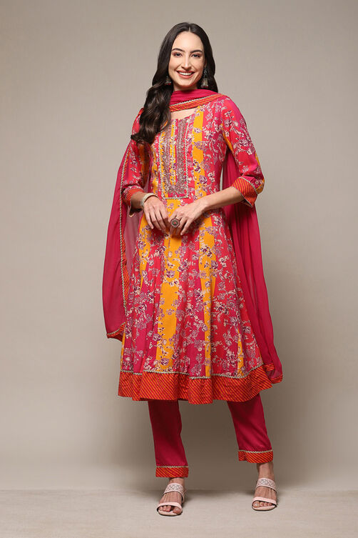 Onion Pink & Mustard Rayon Kalidar Kurta Churi Salwar Suit Set