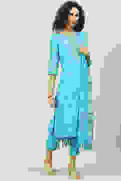 Turquoise Cotton Straight Kurta Slim Pants Suit Set image number 6