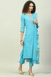 Turquoise Cotton Straight Kurta Slim Pants Suit Set image number 6