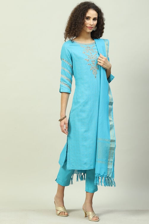 Turquoise Cotton Straight Kurta Slim Pants Suit Set image number 6