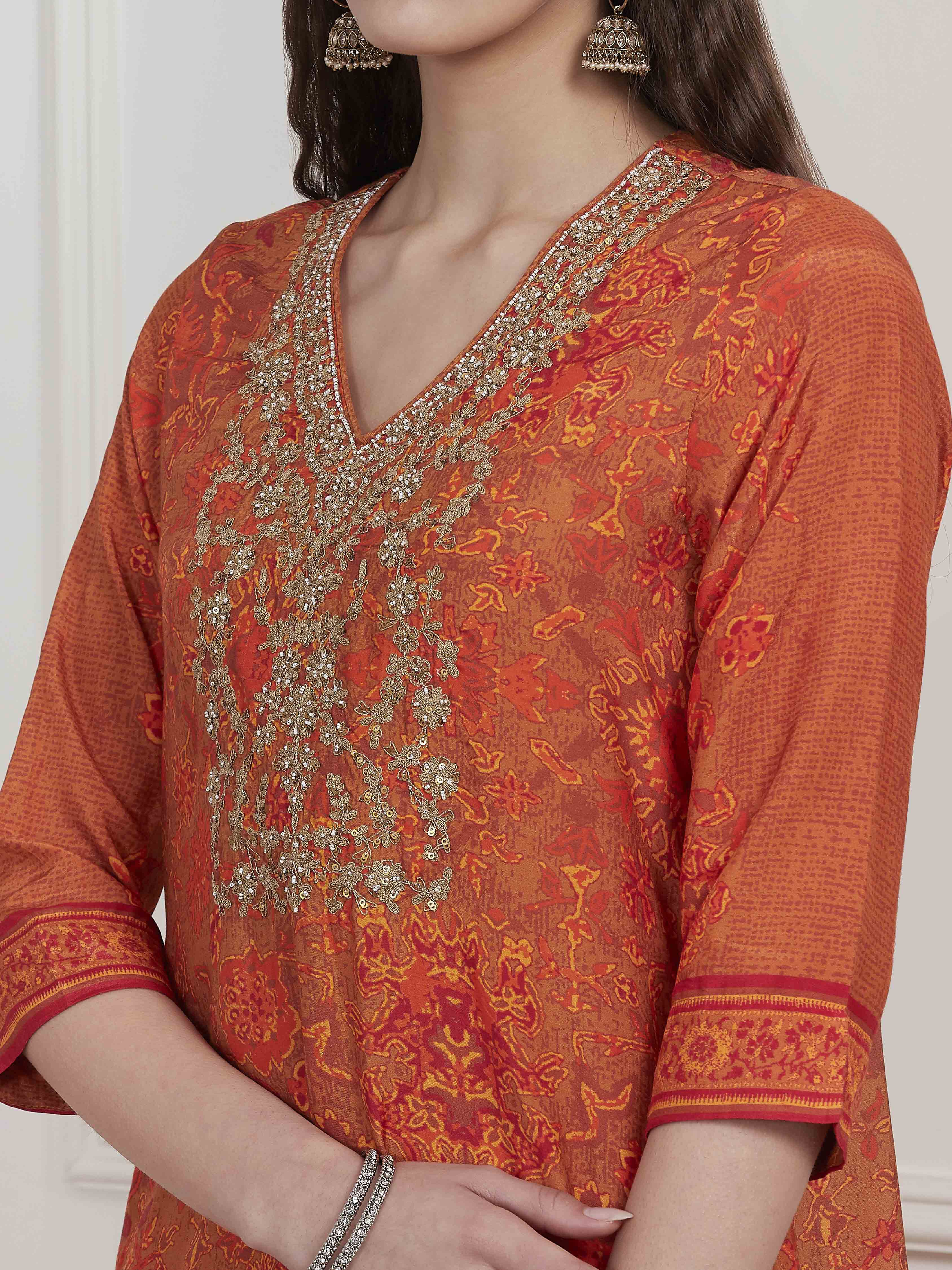 Orange Modal Printed Straight Suit Set image number 1