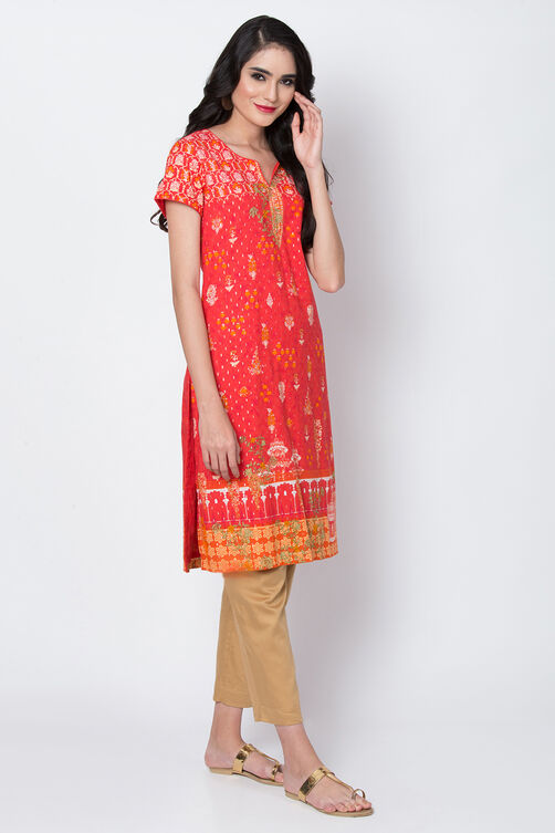 Red Metallic Cotton Straight Printed Kurta image number 3