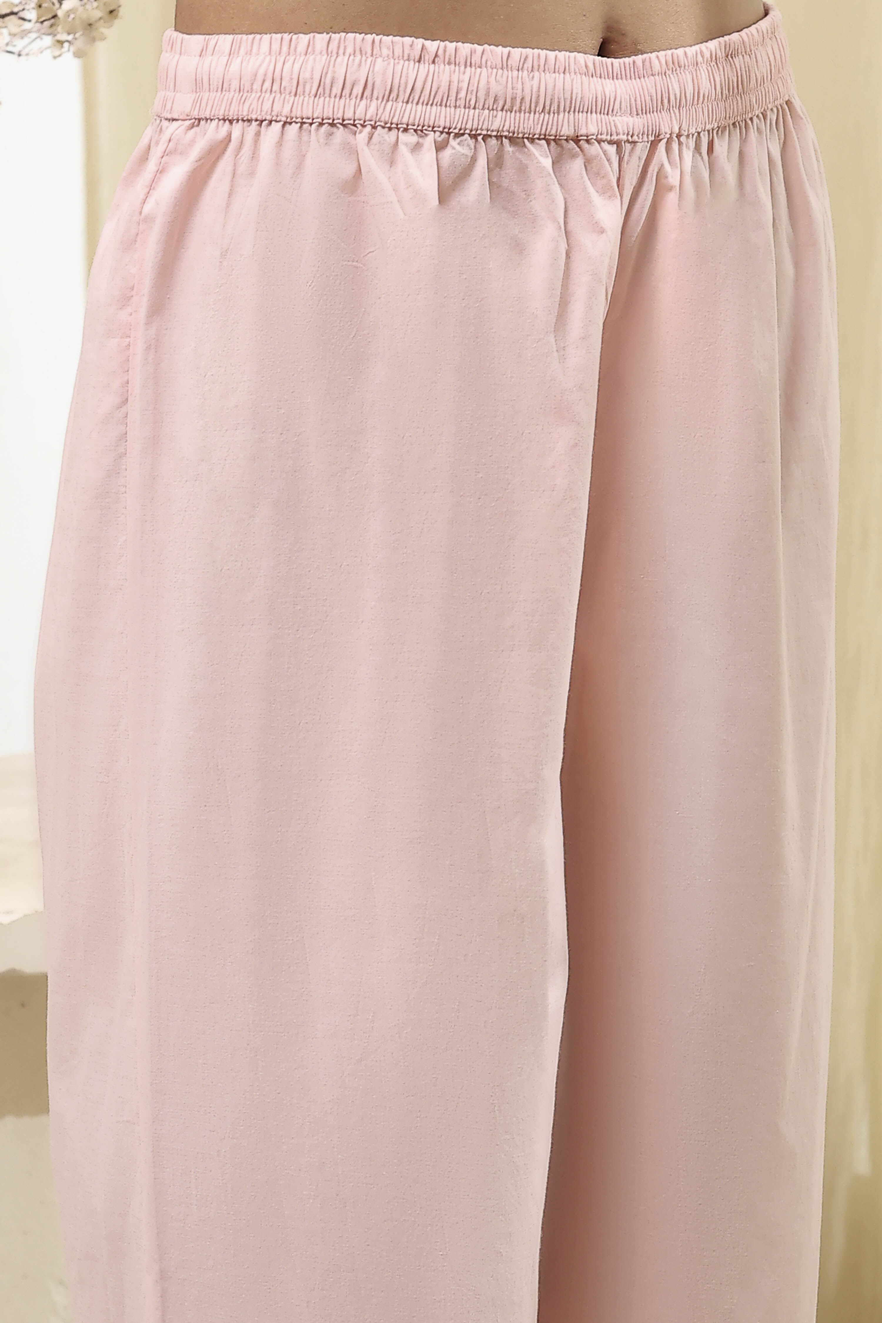 Peach-Colored Cotton Floral A-Line Kurta Set image number 2