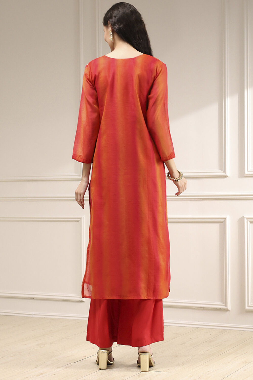 Red Chanderi Machine Embroidered Unstitched Suit Set image number 5