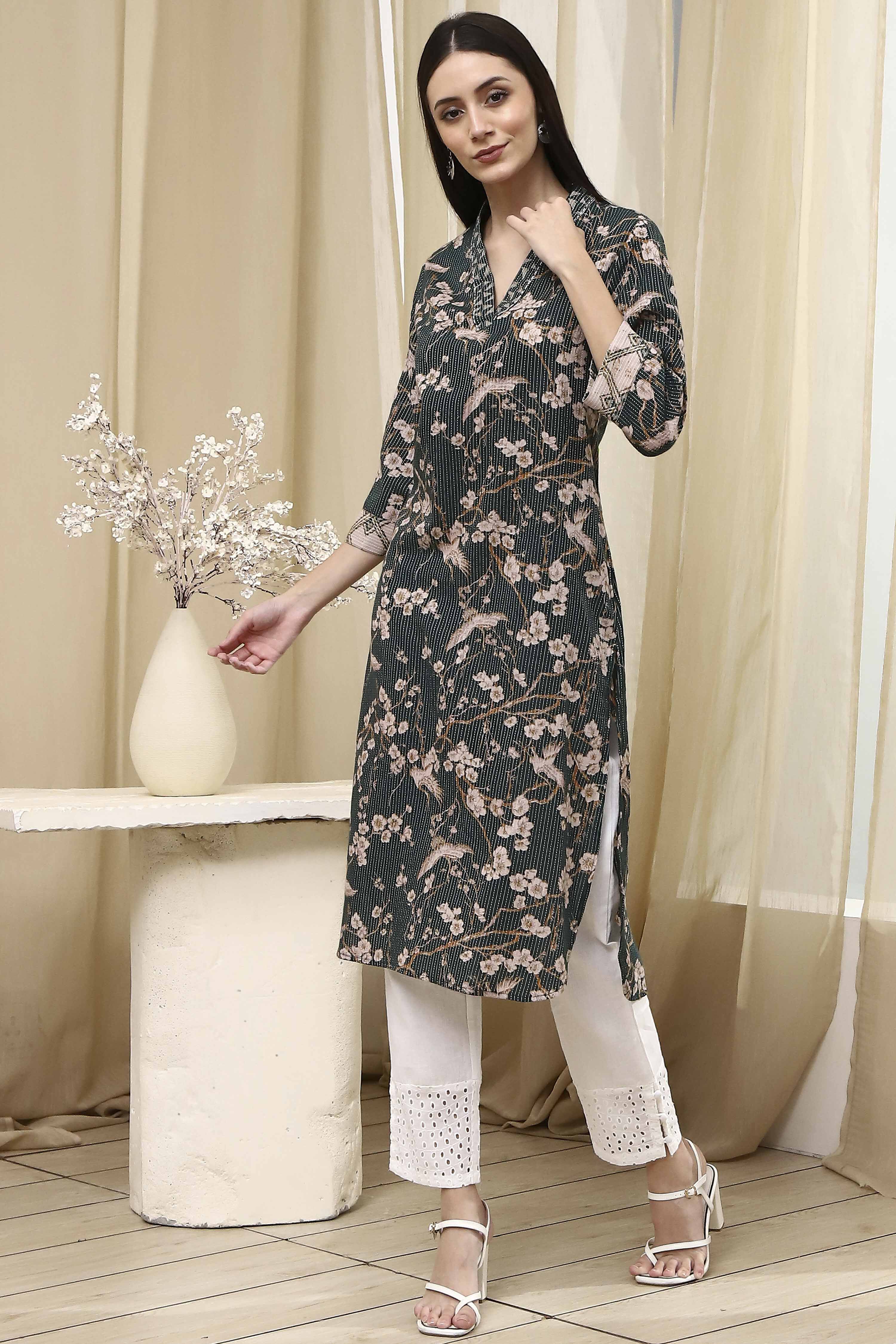 Mustard Yellow Cotton Printed Straight Kurta image number 2