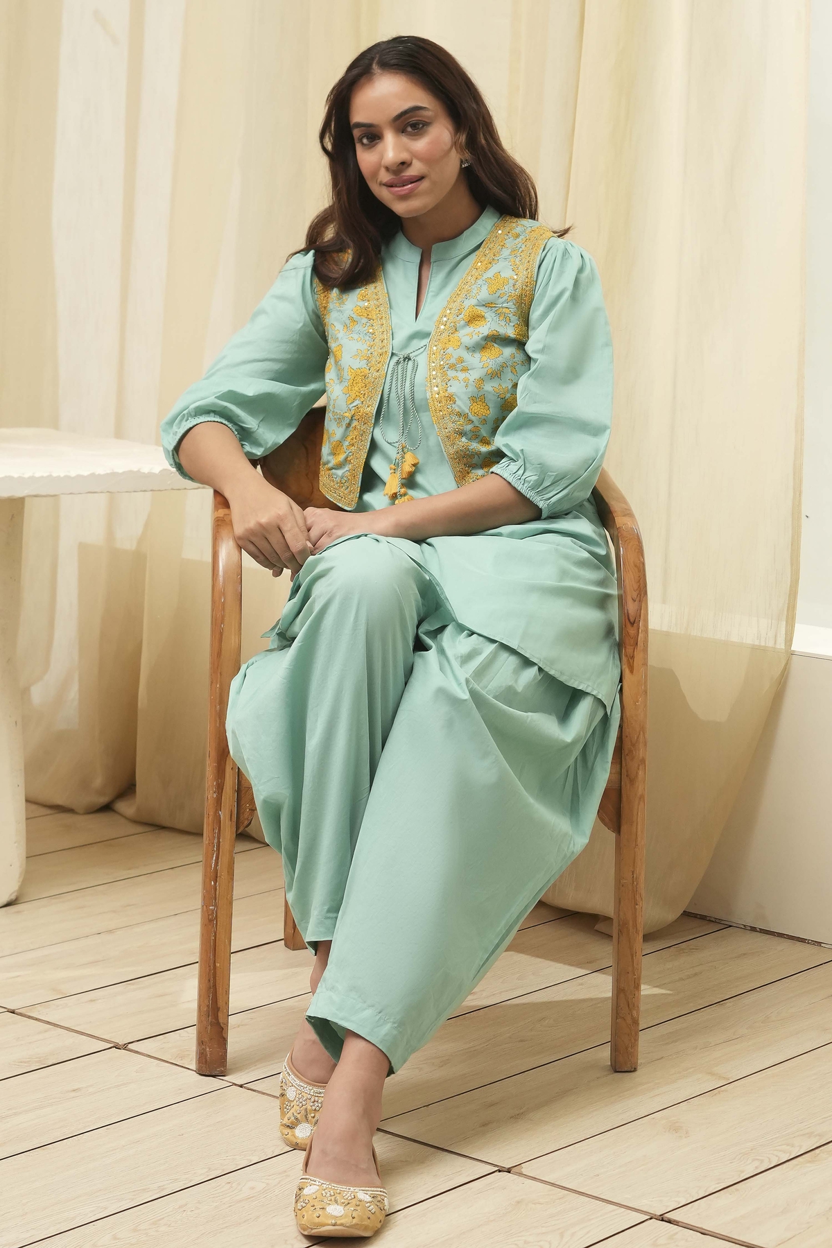 Sage Green Cotton Pathani Straight Kurta Set