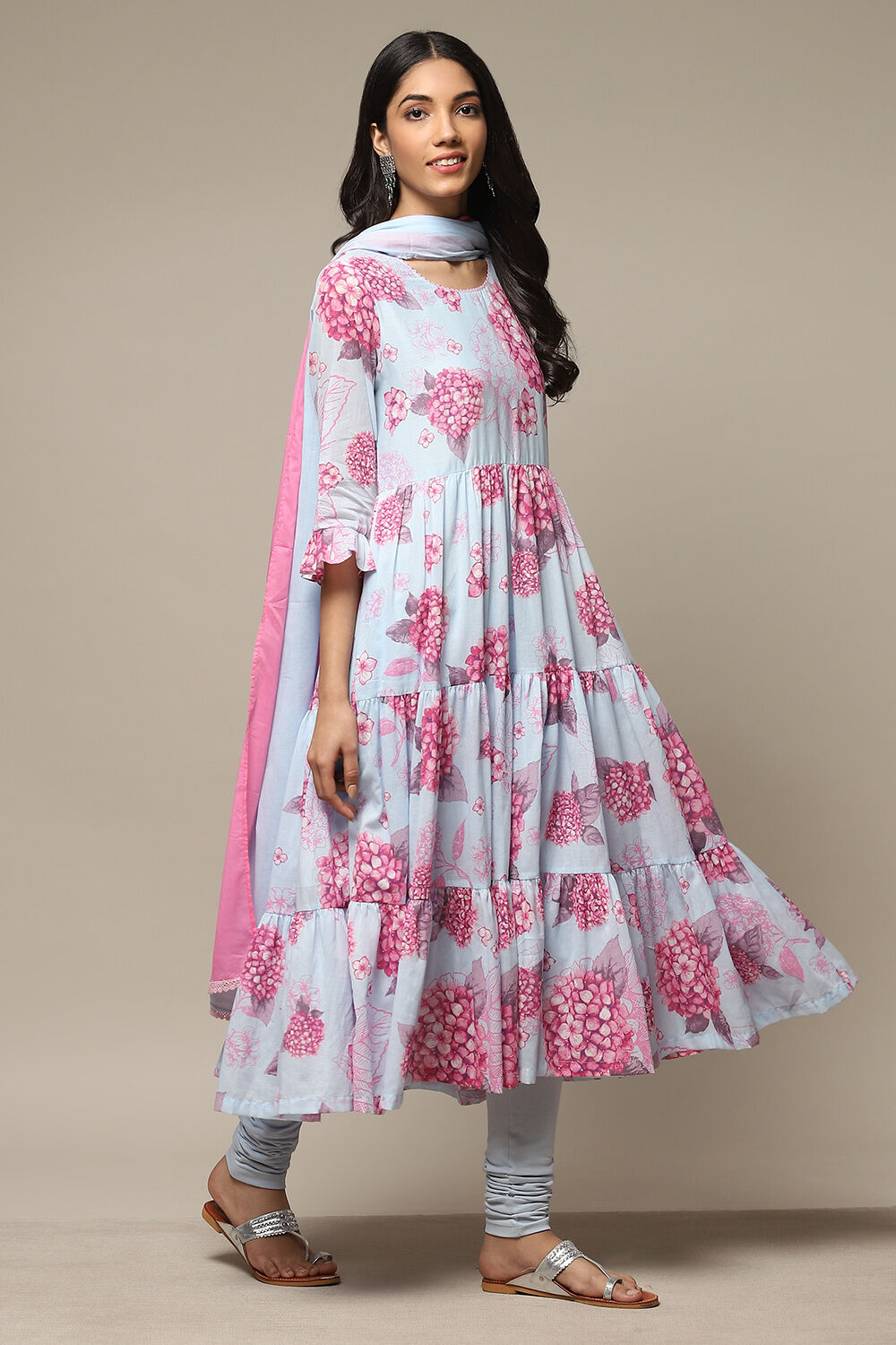 White & Blue Cotton Anarkali Kurta Churidar Suit Set image number 6