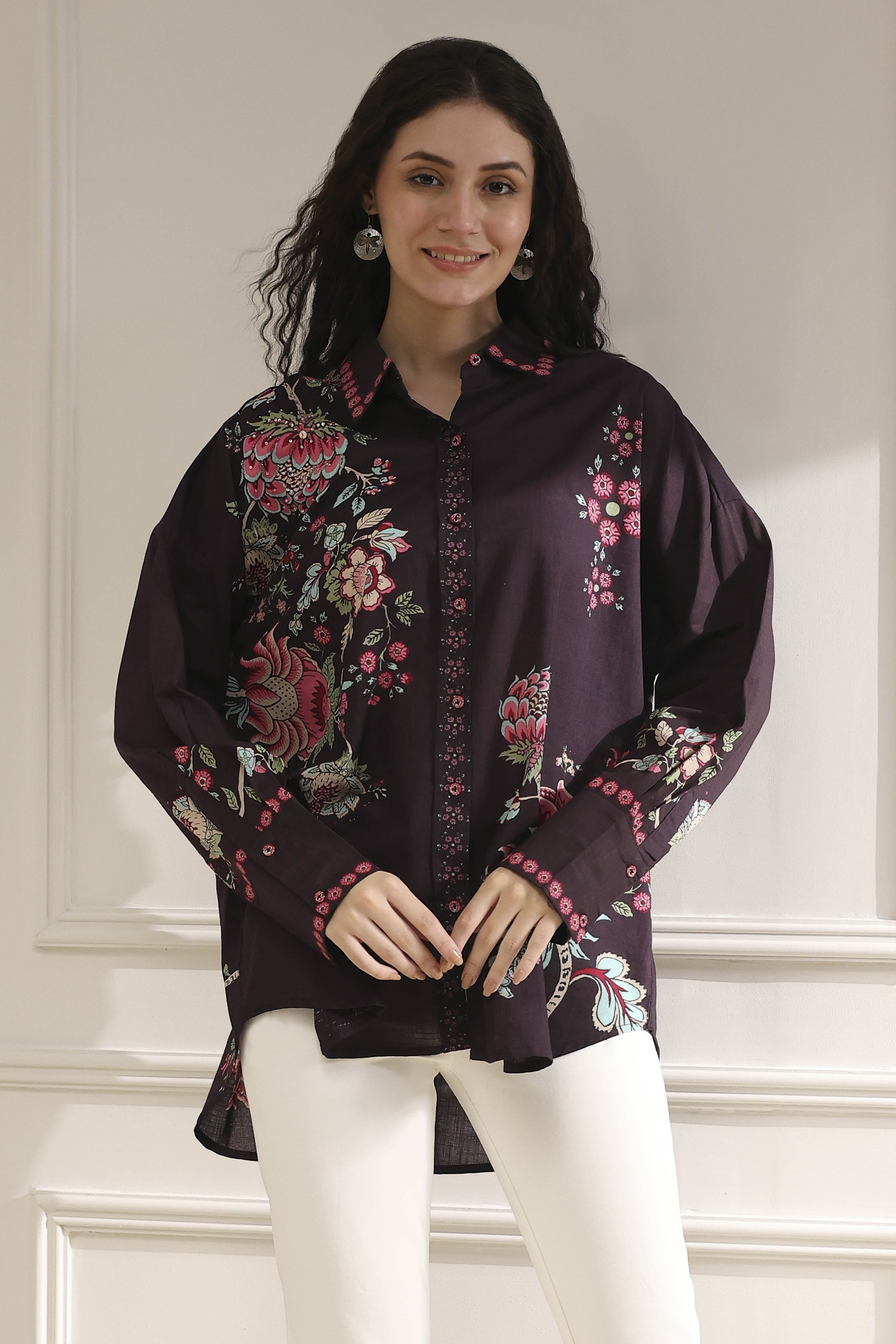 Brown Cotton Floral Printed Shirt image number 5