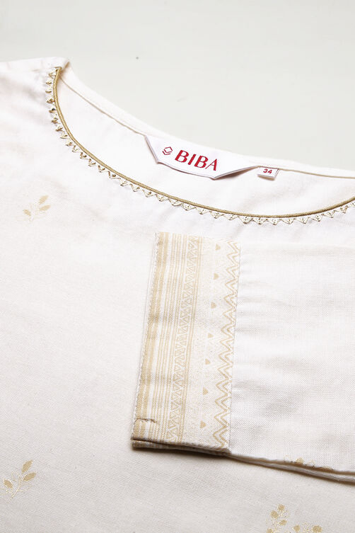 Off White Cotton Flax Printed Kurta image number 1