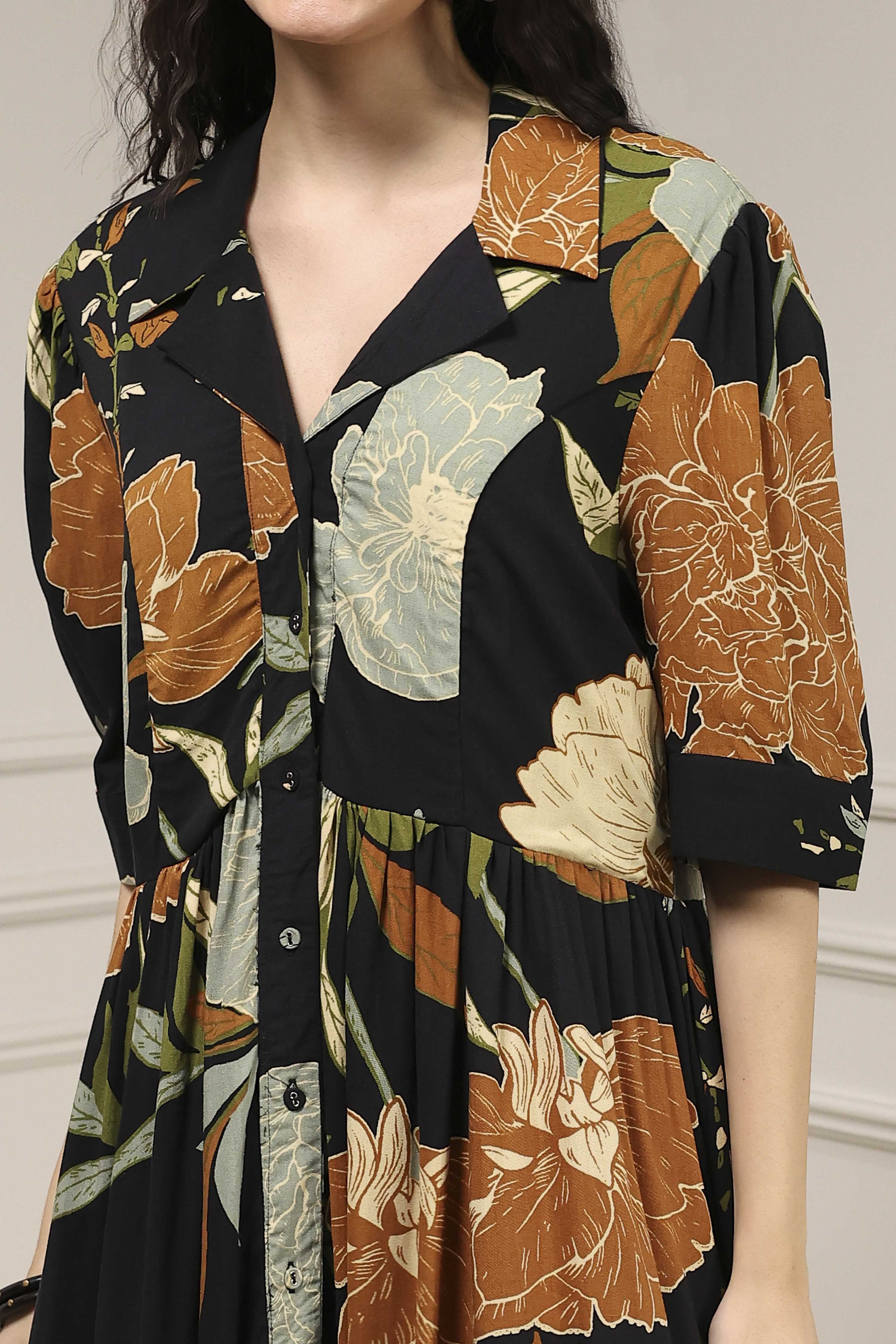 Black Viscose Rayon Straight Printed Dress image number 1