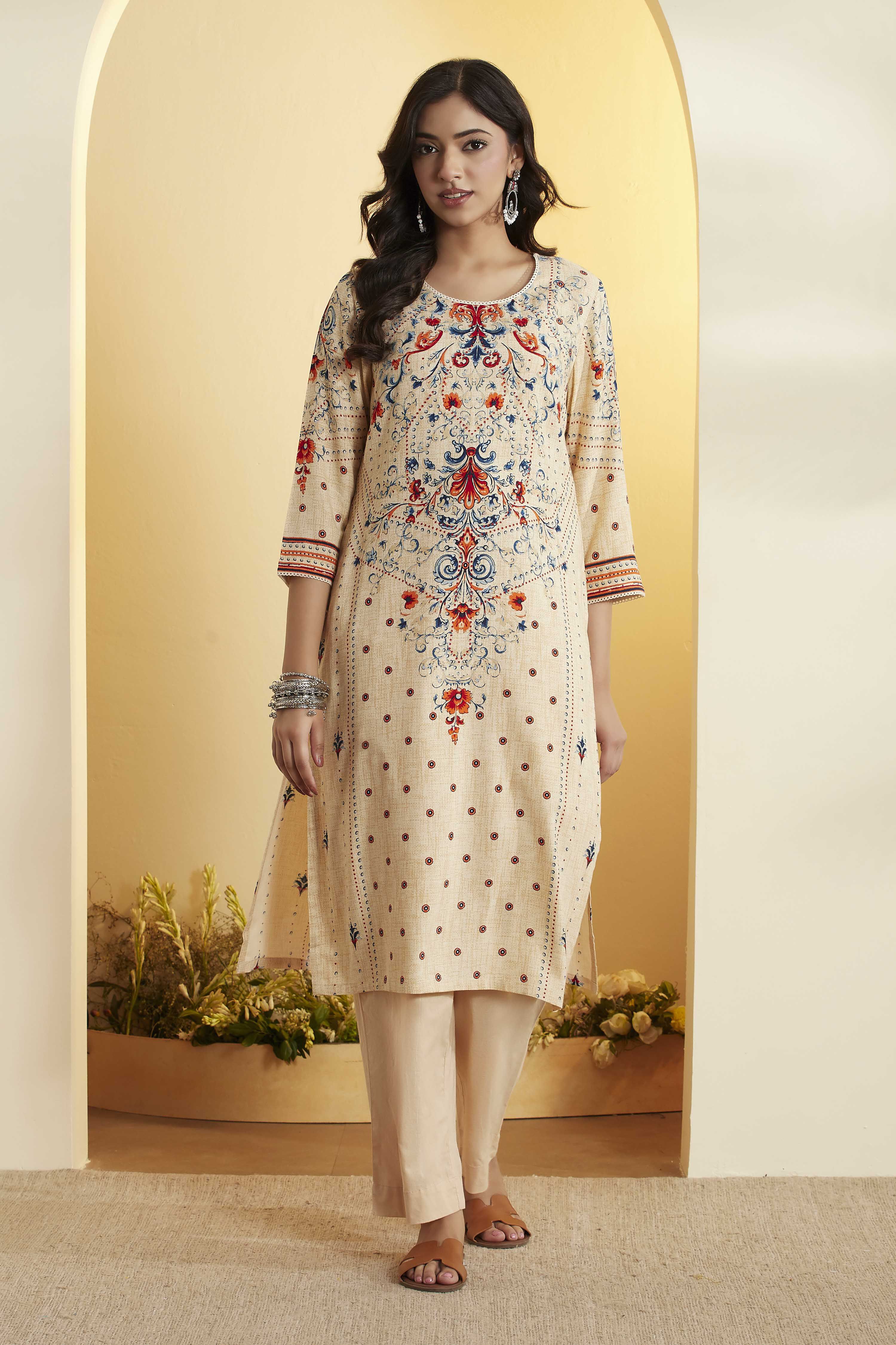 Beige Viscose Rayon Straight Kurta image number 0