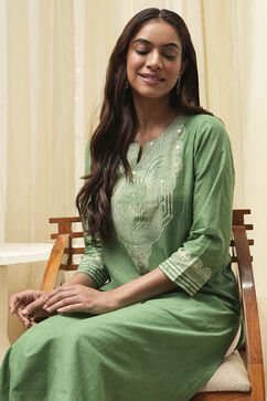 Green Pure Cotton Printed Straight Kurta image number 5