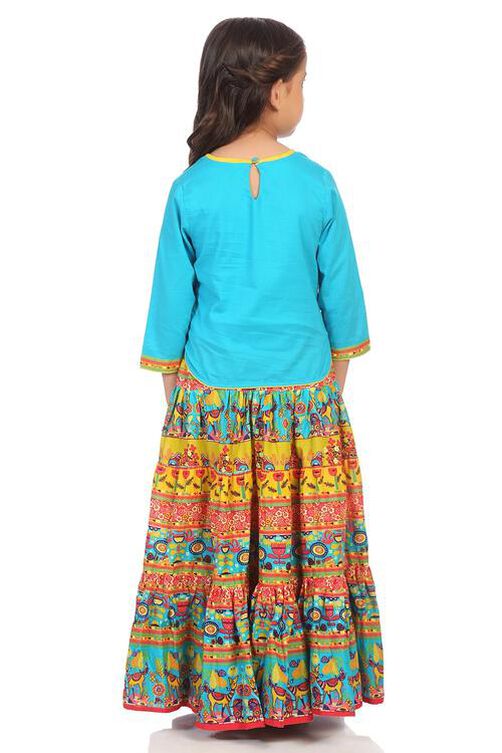 Turquoise Cotton Straight Printed Skirts and Tops image number 4