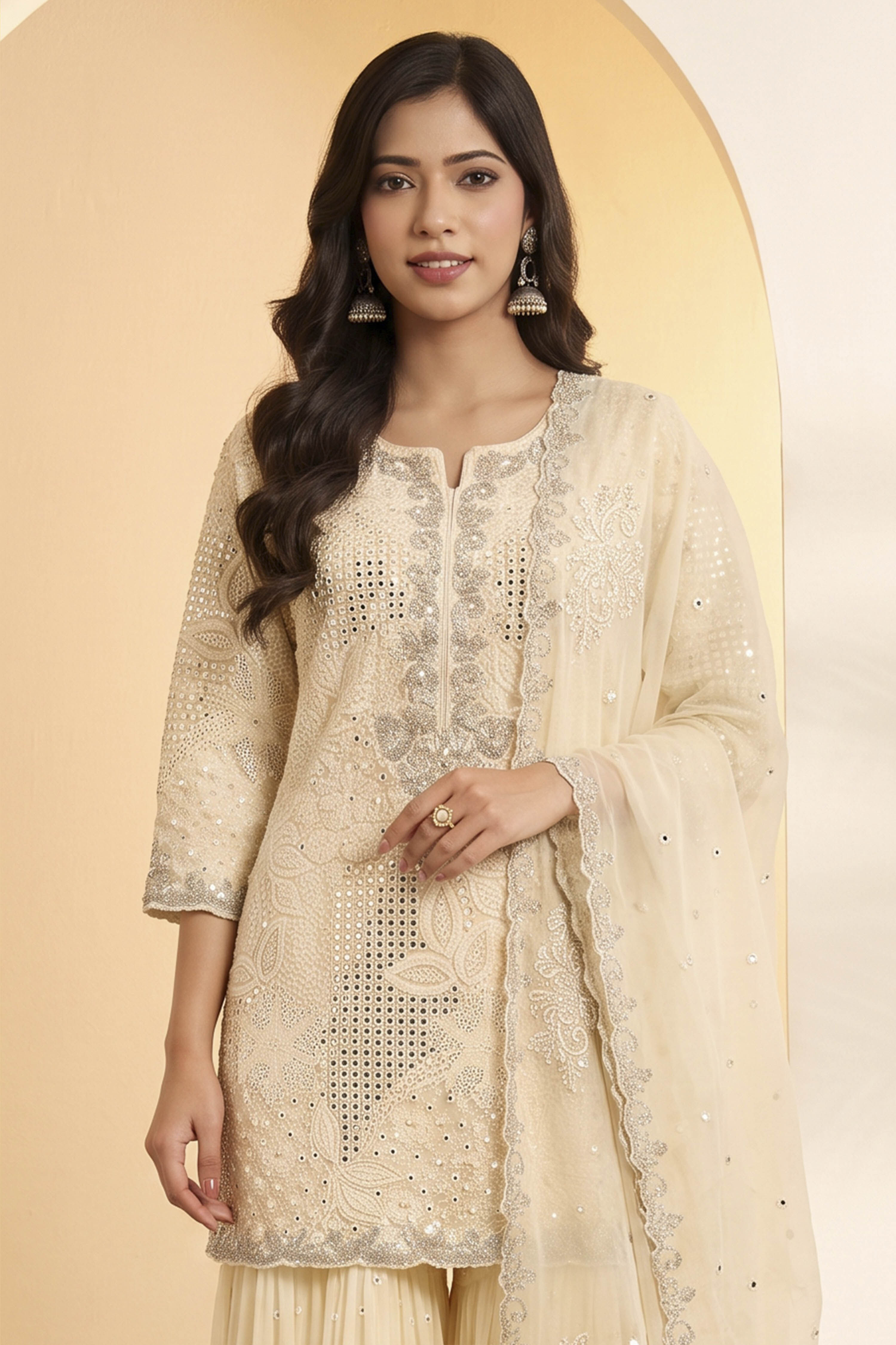 Ivory Butterfly Net Embroidered Sharara Suit Set image number 1