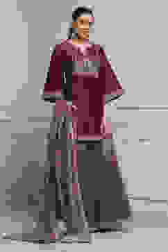 Maroon and Gold-Toned Cotton Silk Blend Sharara Suit Set image number 1