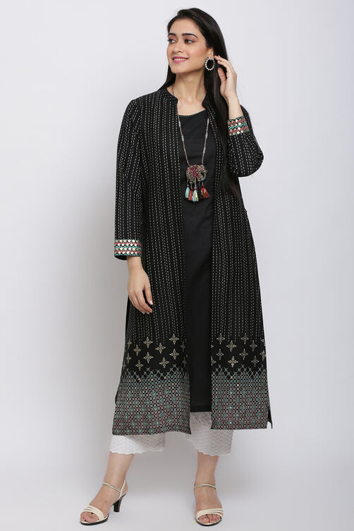 Black Cotton Flax Straight Printed Kurta image number 3