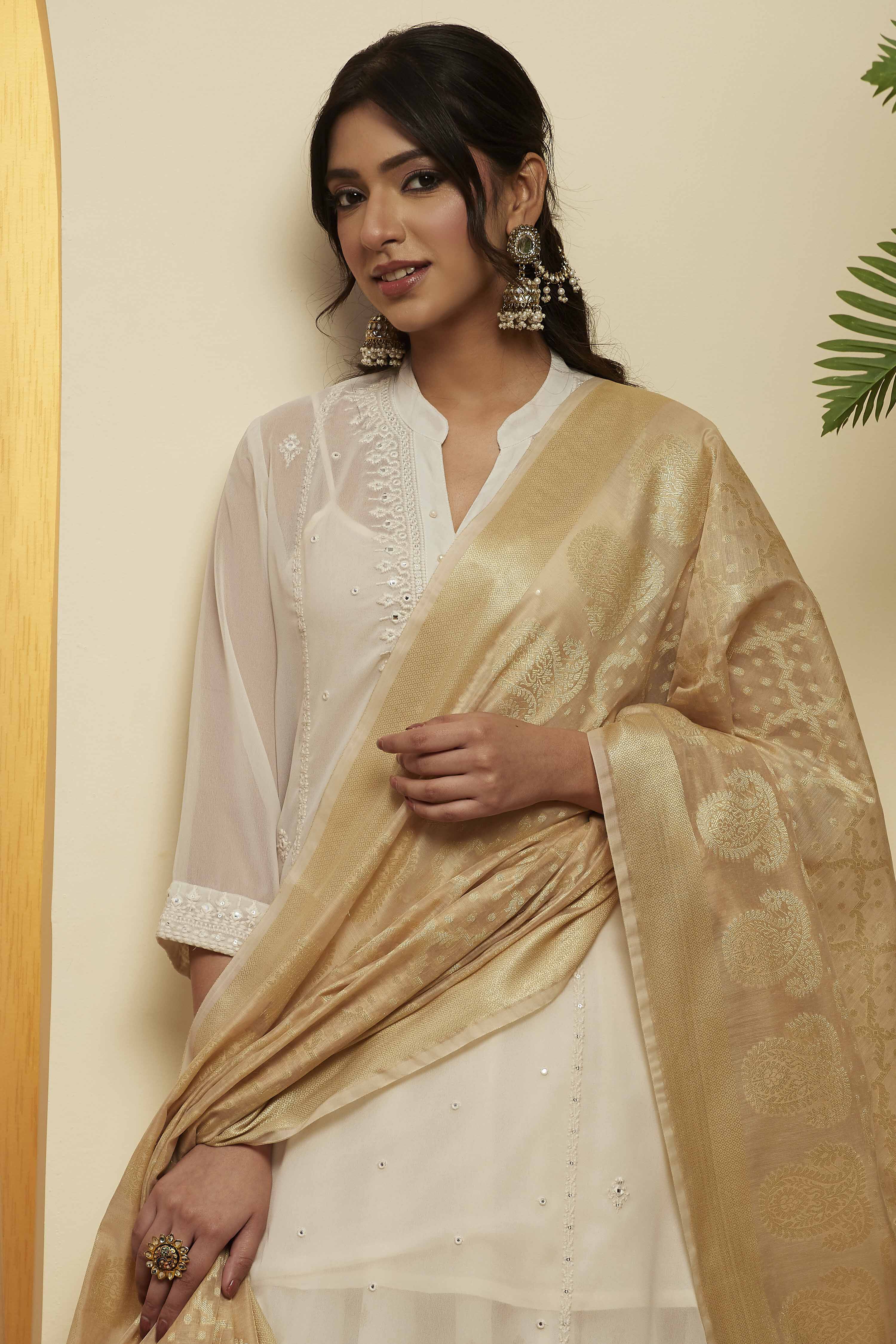 Beige Tasseled Woven Design Dupatta image number 1