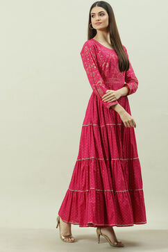 Pink Cotton Flared Printed Dress image number 3
