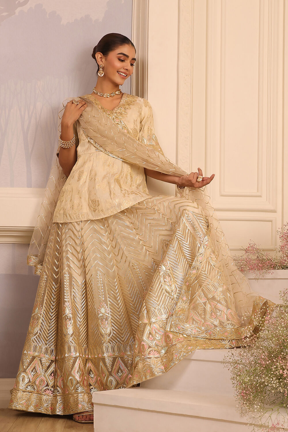 Beige Embroidered Peplum Lehenga Set image number 0