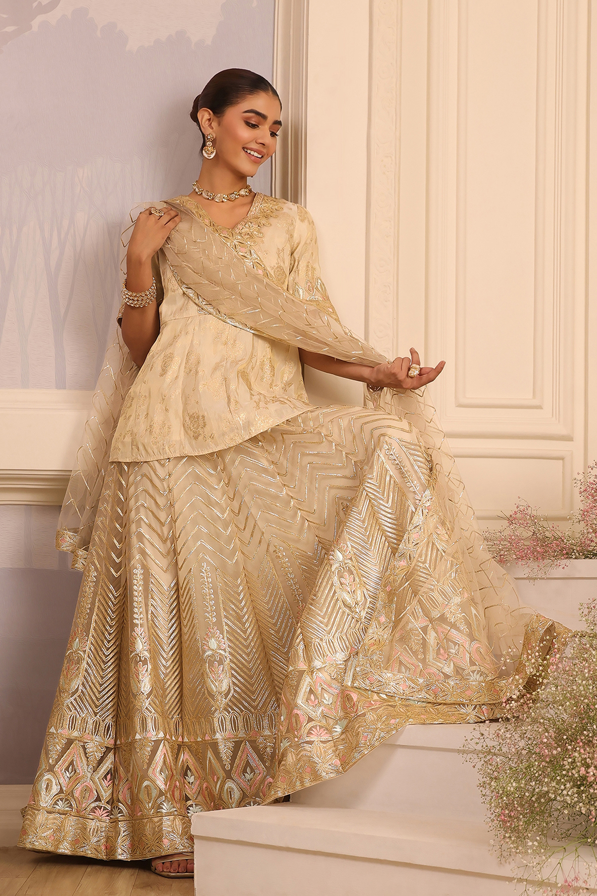 Beige Embroidered Peplum Lehenga Set