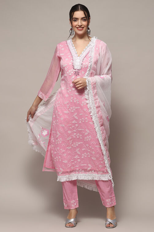 Pink Cotton Blend Unstitched Suit set image number 1