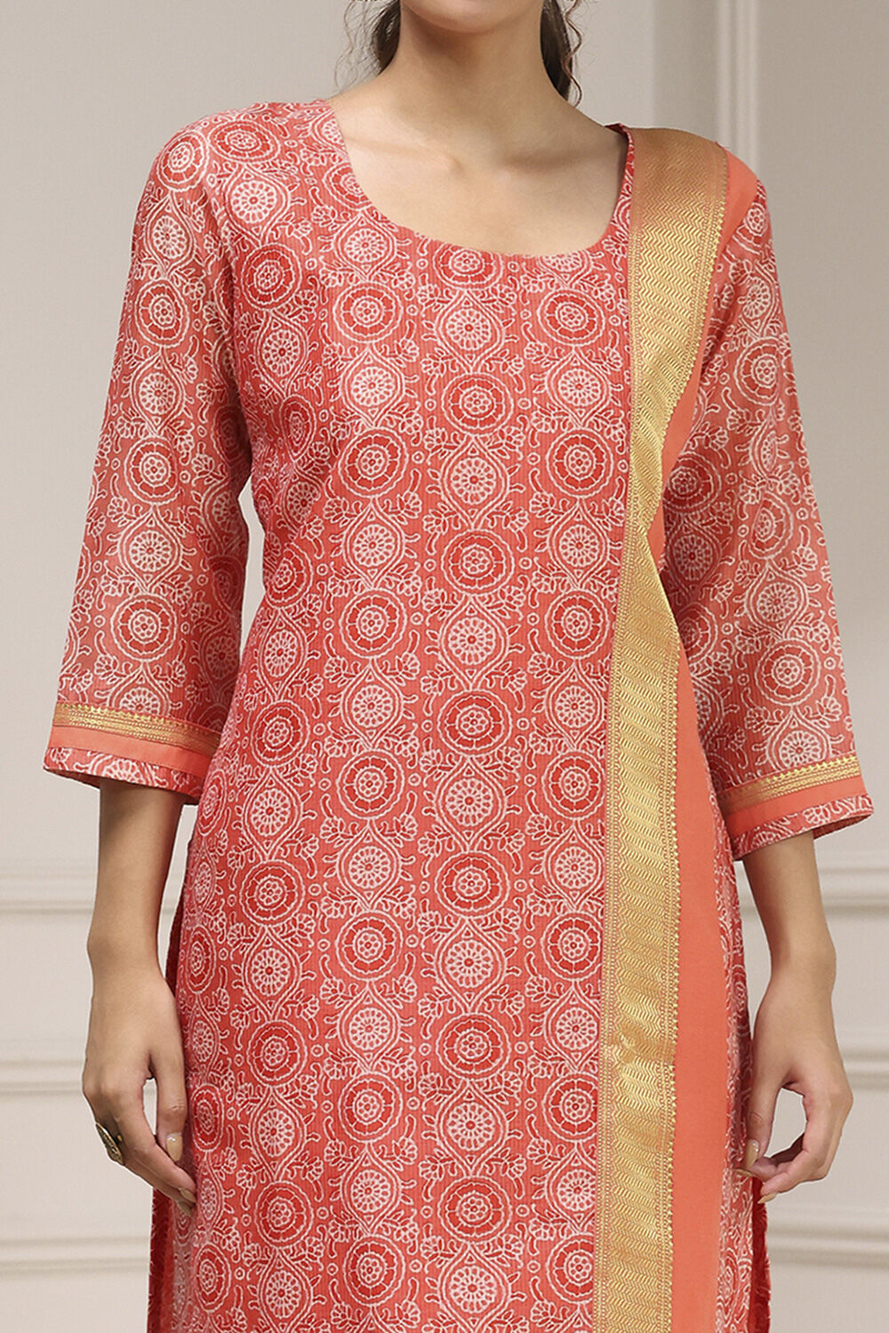 Orange Cotton Printed Embroidered Unstitched Suit Set image number 2