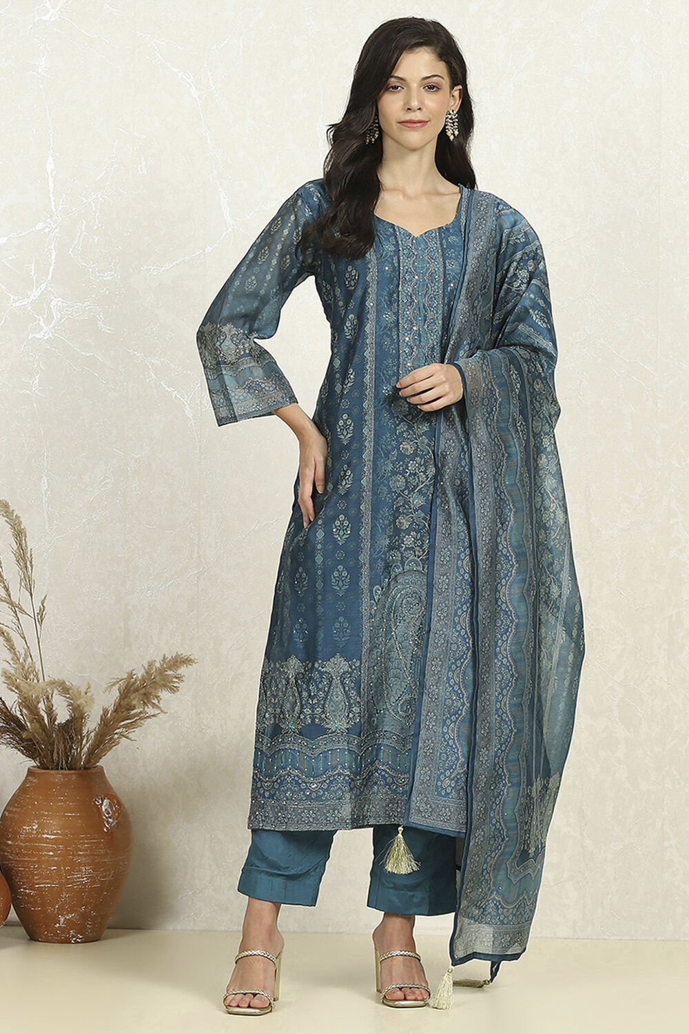 Teal Chanderi Unstitched Suit Set image number 7