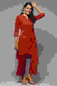 Red Cotton Blend Straight Kurta Palazzo Suit Set image number 0