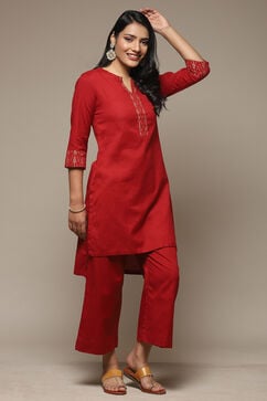 Red Cotton Blend Straight Kurta Palazzo Suit Set image number 0