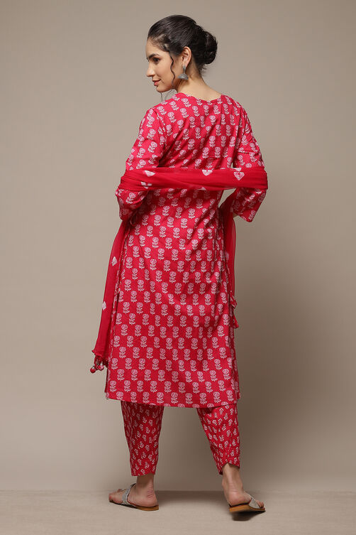 Pink Cotton Hand Block Print Unstitched Suit Set image number 2