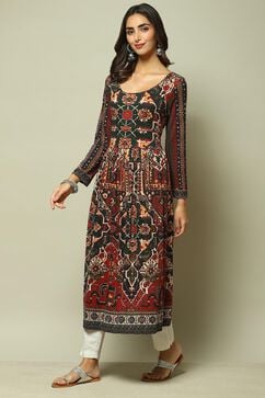 Rust Cotton Blend Flared Printed Dress image number 2